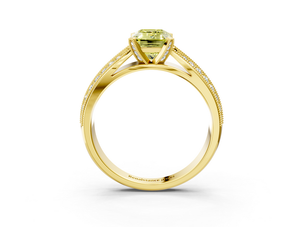Yellow gold Fancy Yellow Emerald  Solitaire Diamond Ring with Milgrain Pavé Band and Four-Prong Setting