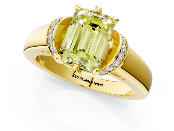 Yellow gold Fancy Yellow Emerald  Solitaire Diamond Ring with Pave Band and Six-Prong Setting
