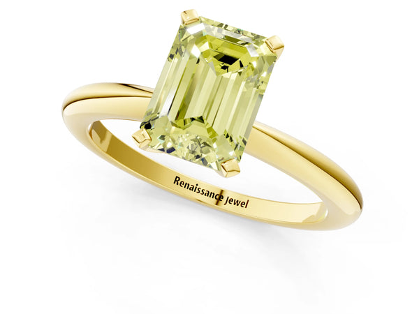 Yellow gold Fancy Yellow Emerald Cut Diamond Solitaire Ring with Six-Prong Setting and Classic Band