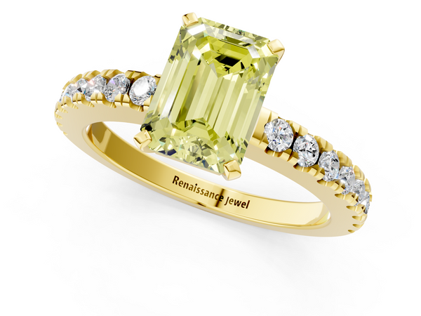 Yellow gold Fancy Yellow Emerald  Solitaire Diamond with Pavé Band and Four-Prong Setting