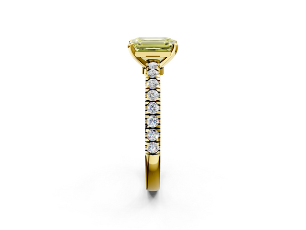 Yellow gold Fancy Yellow Emerald  Solitaire Diamond with Pavé Band and Four-Prong Setting