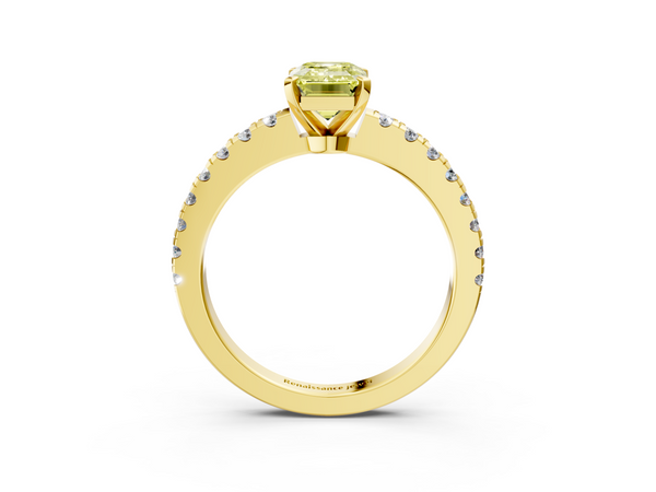 Yellow gold Fancy Yellow Emerald  Solitaire Diamond with Pavé Band and Four-Prong Setting