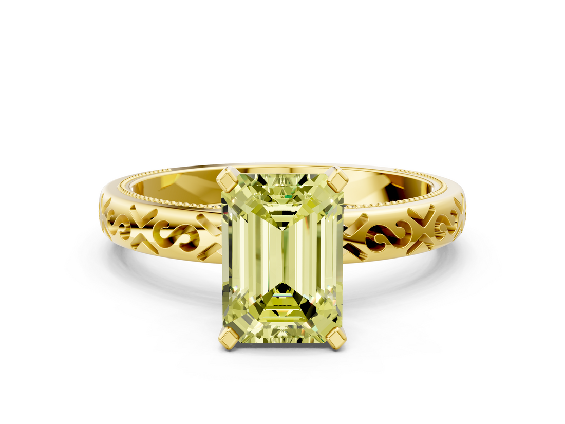 Yellow gold Fancy Yellow Emerald  Solitaire Engagement Ring with Scrollwork Band and Four-Prong Setting_150