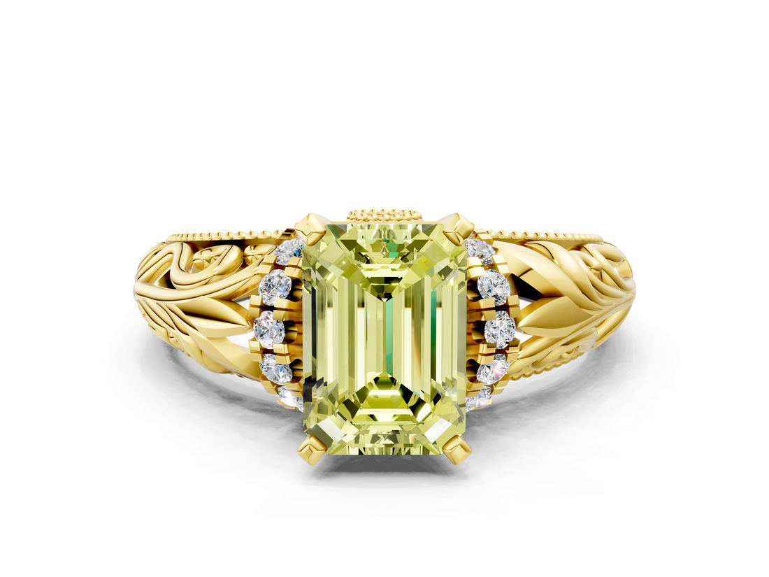 Yellow gold Fancy Yellow Emerald  Solitaire Filigree Engagement Ring with Halo and Prong Setting_68
