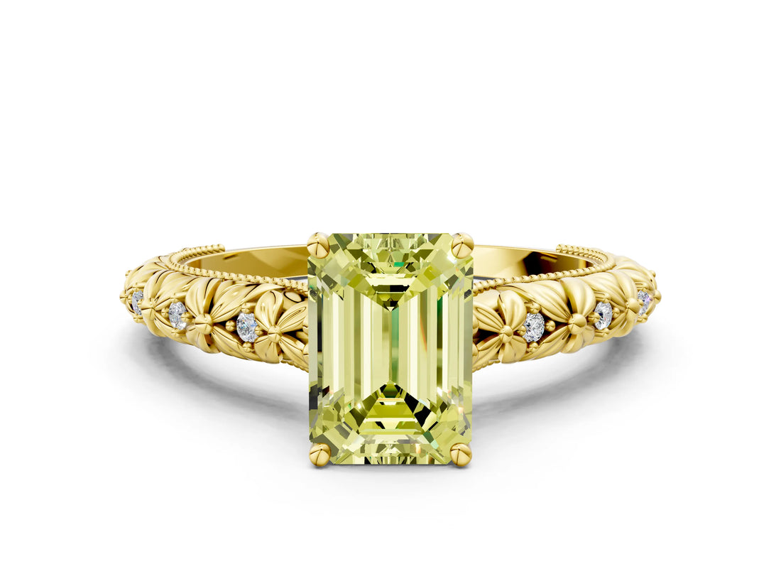 Yellow gold Fancy Yellow Emerald  Solitaire Floral Milgrain Engagement Ring_31