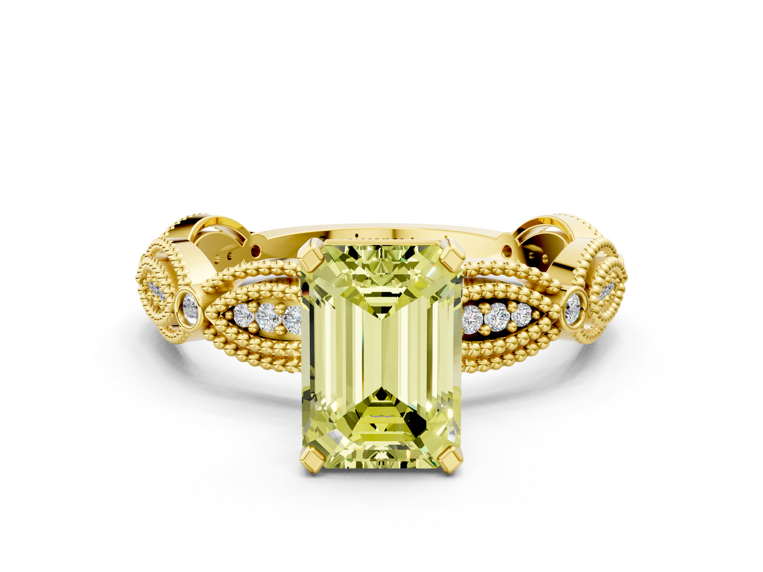 Yellow gold Fancy Yellow Emerald  Solitaire Milgrain Diamond Engagement Ring with Bezel and Marquise Band_128