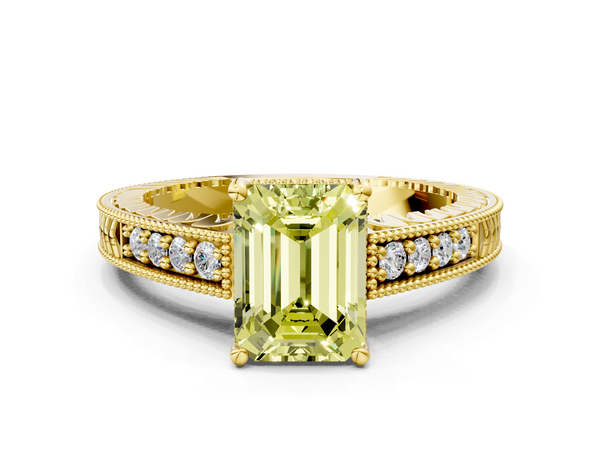 Yellow gold Fancy Yellow Emerald  Solitaire Pavé Diamond Milgrain Engagement Ring with Four-Prong Setting