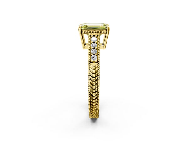 Yellow gold Fancy Yellow Emerald  Solitaire Pavé Diamond Milgrain Engagement Ring with Four-Prong Setting