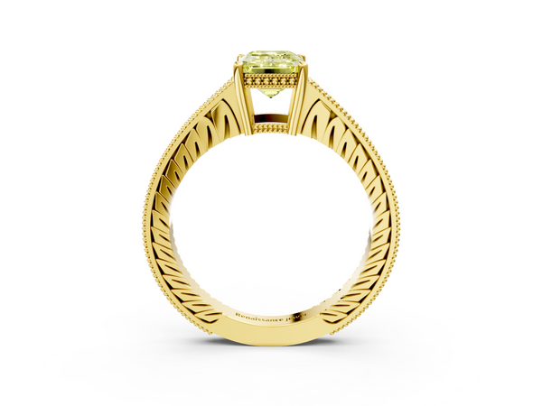 Yellow gold Fancy Yellow Emerald  Solitaire Pavé Diamond Milgrain Engagement Ring with Four-Prong Setting