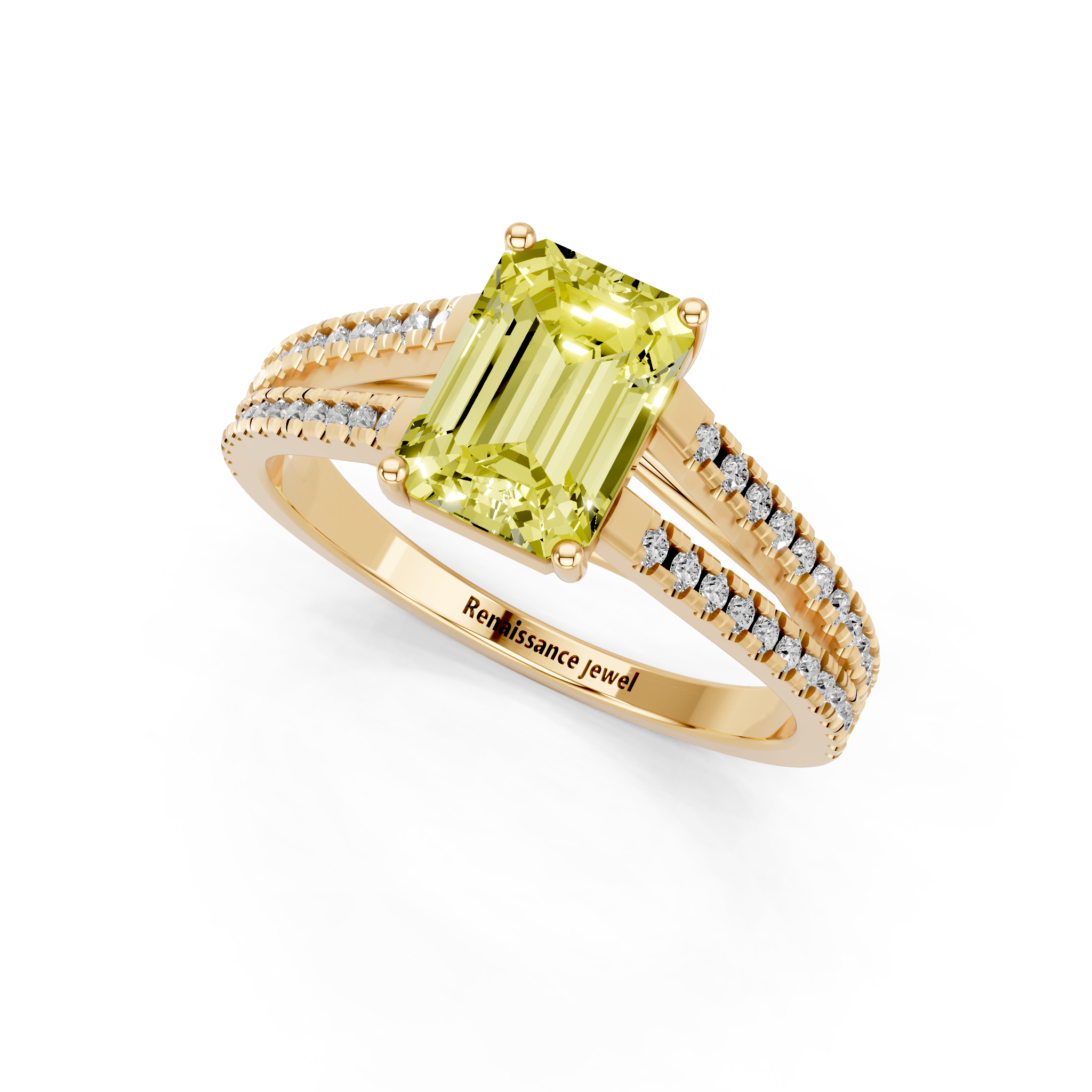 Yellow gold Fancy Yellow Emerald  Solitaire Split Shank Pavé Diamond Engagement Ring_305