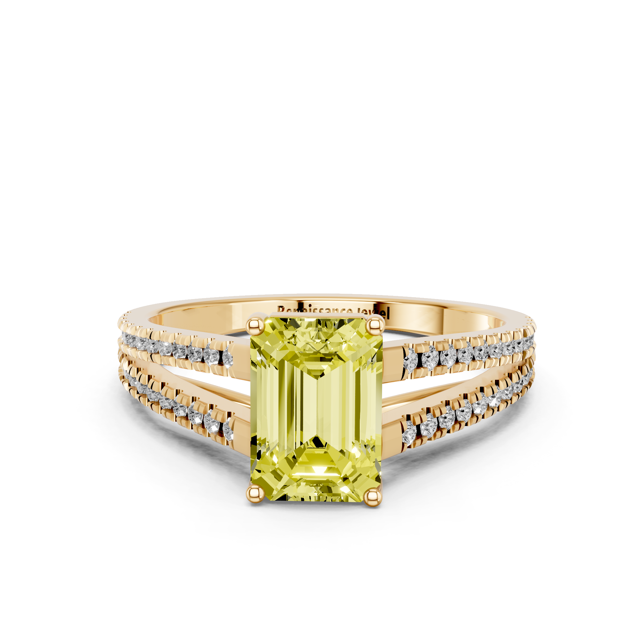Yellow gold Fancy Yellow Emerald  Solitaire Split Shank Pavé Diamond Engagement Ring_313