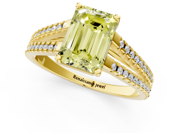 Yellow gold Fancy Yellow Emerald Cut Diamond Solitaire Engagement Ring with Split Shank Pavé Band