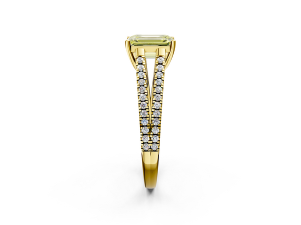 Yellow gold Fancy Yellow Emerald Cut Diamond Solitaire Engagement Ring with Split Shank Pavé Band