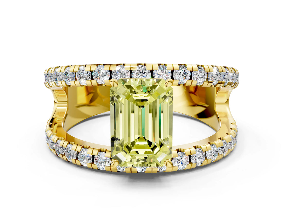 Yellow gold Fancy Yellow Emerald  Solitaire Split Shank Pave Diamond Ring_49