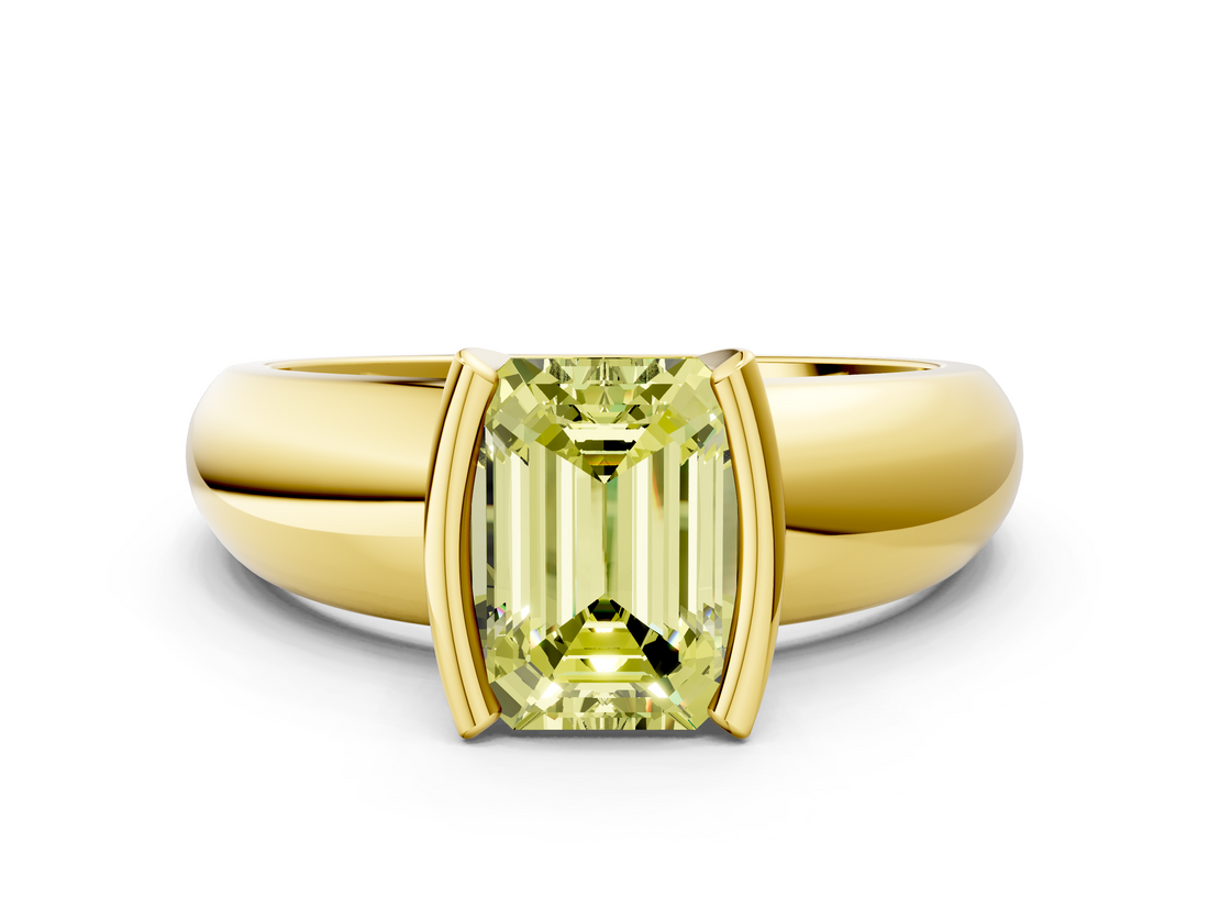 Yellow gold Fancy Yellow Emerald  Solitaire Tension Set Diamond Ring with Wide Band_20