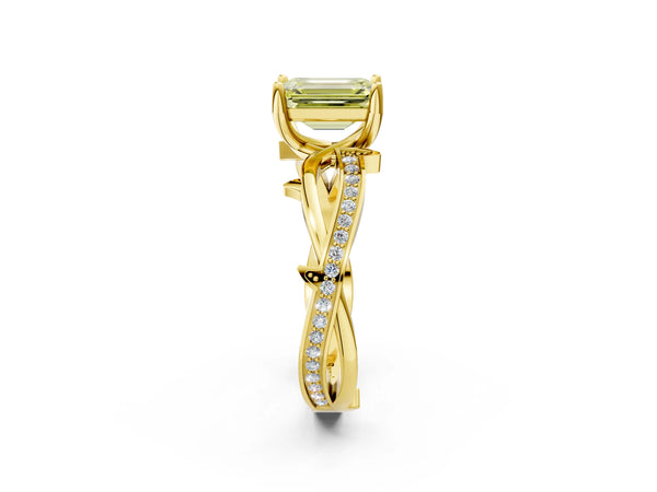 Yellow gold Fancy Yellow Emerald  Solitaire Twist Band with Pavé Accents and Four-Prong Setting