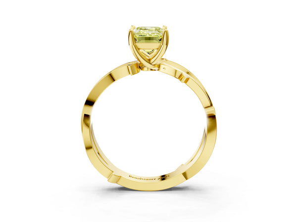 Yellow gold Fancy Yellow Emerald  Solitaire Twist Band with Pavé Accents and Four-Prong Setting