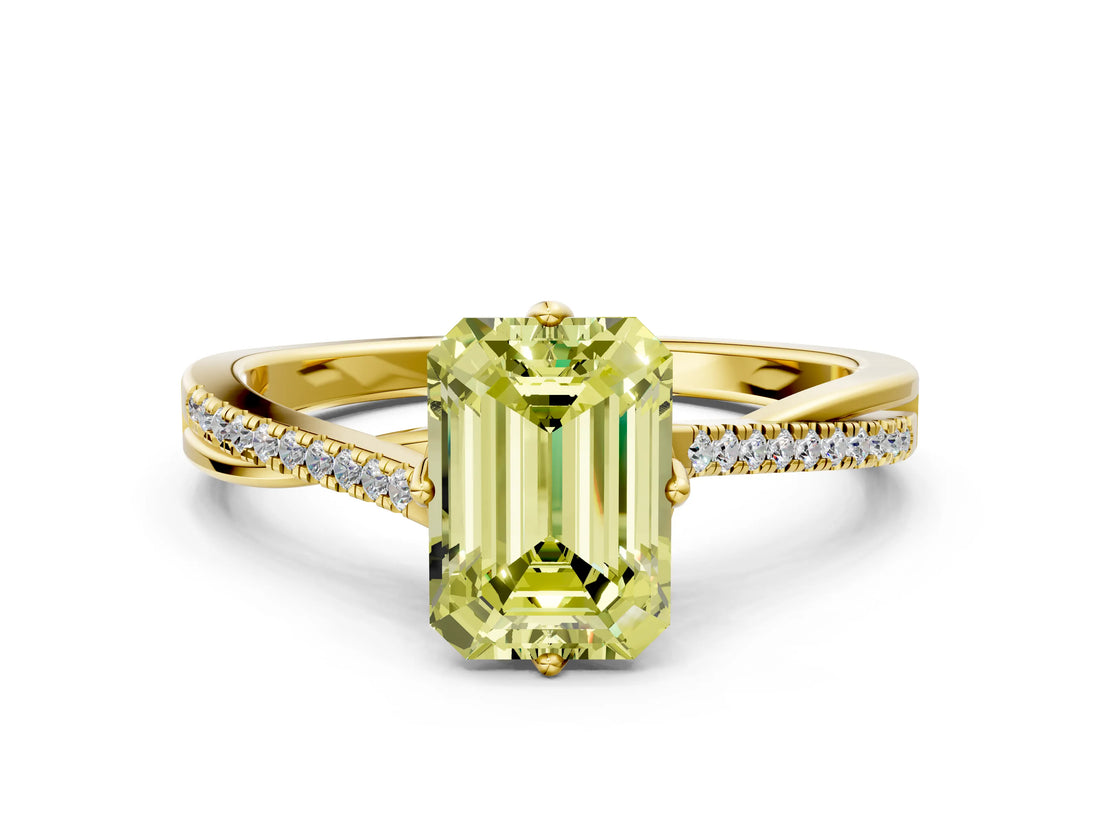 Yellow gold Fancy Yellow Emerald  Solitaire Twist Band with Pavé Diamonds and Four-Prong Setting_87