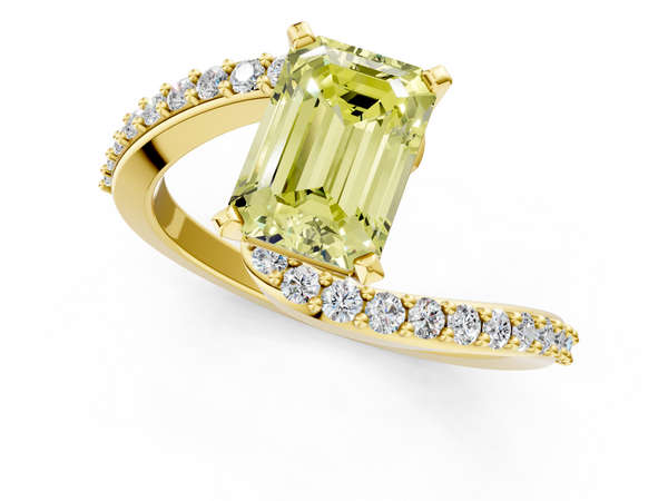 Yellow gold Fancy Yellow Emerald  Solitaire Twist Band with Pave Set Diamonds and Four-Prong Setting