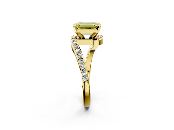 Yellow gold Fancy Yellow Emerald  Solitaire Twist Band with Pave Set Diamonds and Four-Prong Setting
