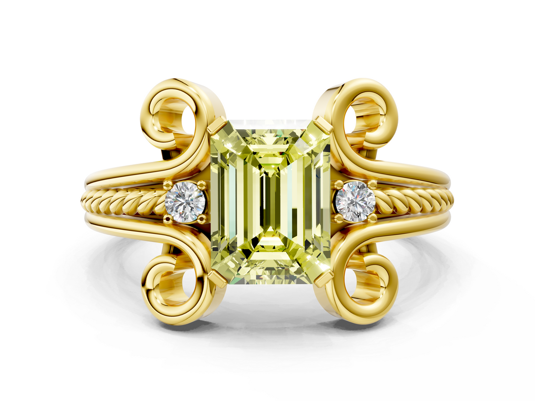 Yellow gold Fancy Yellow Emerald  Solitaire Twisted Band Scroll Prong Ring_3
