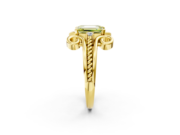 Yellow gold Fancy Yellow Emerald  Solitaire Twisted Band Scroll Prong Ring