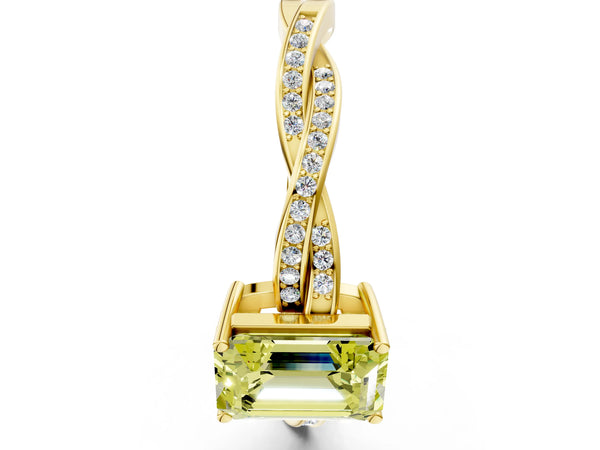 Yellow gold Fancy Yellow Emerald  Solitaire Twisted Pave Diamond Ring with Four-Prong Setting