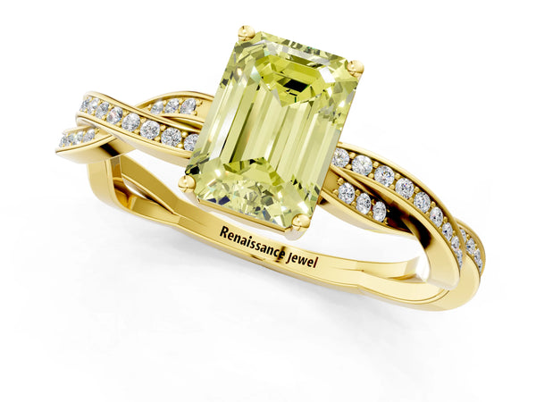 Yellow gold Fancy Yellow Emerald  Solitaire Twisted Pave Diamond Ring with Four-Prong Setting