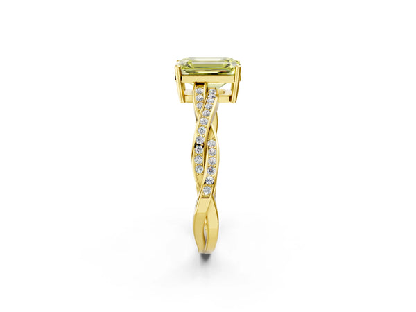 Yellow gold Fancy Yellow Emerald  Solitaire Twisted Pave Diamond Ring with Four-Prong Setting