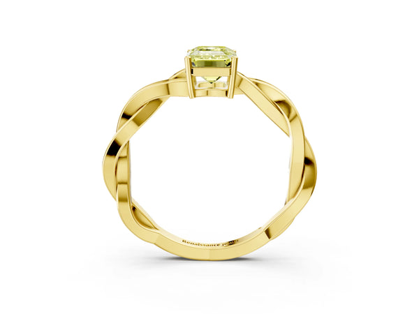 Yellow gold Fancy Yellow Emerald  Solitaire Twisted Pave Diamond Ring with Four-Prong Setting