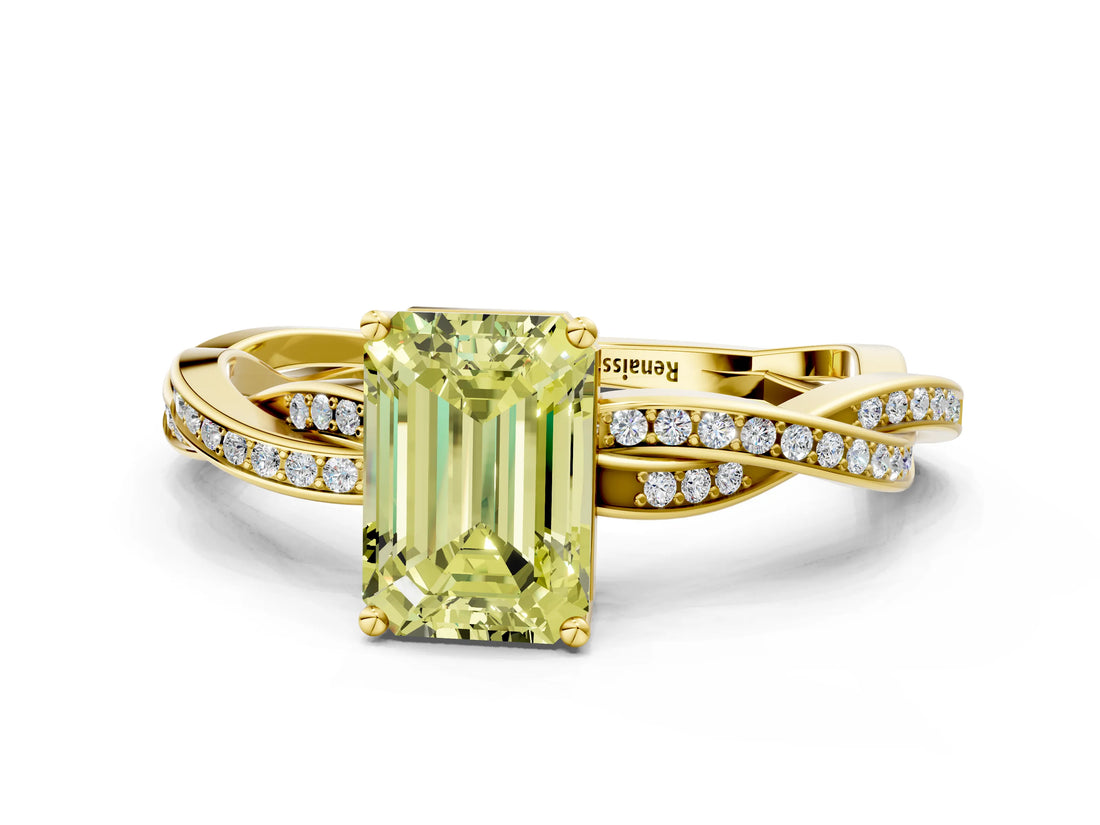 Yellow gold Fancy Yellow Emerald  Solitaire Twisted Pave Diamond Ring with Four-Prong Setting_81