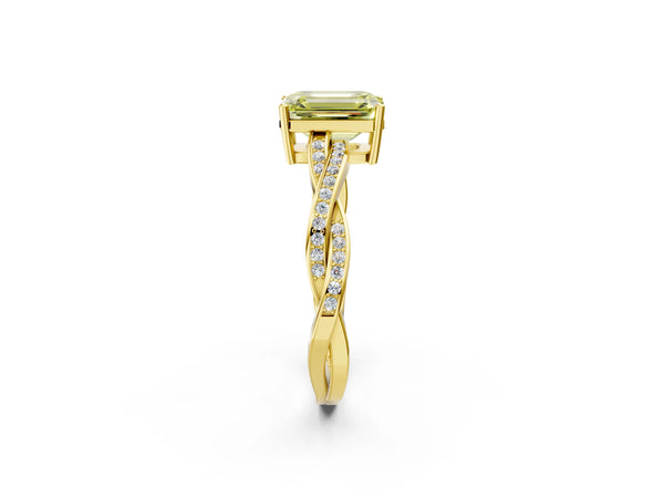 Yellow gold Fancy Yellow Emerald  Solitaire Twisted Pave Diamond Ring with Four-Prong Setting