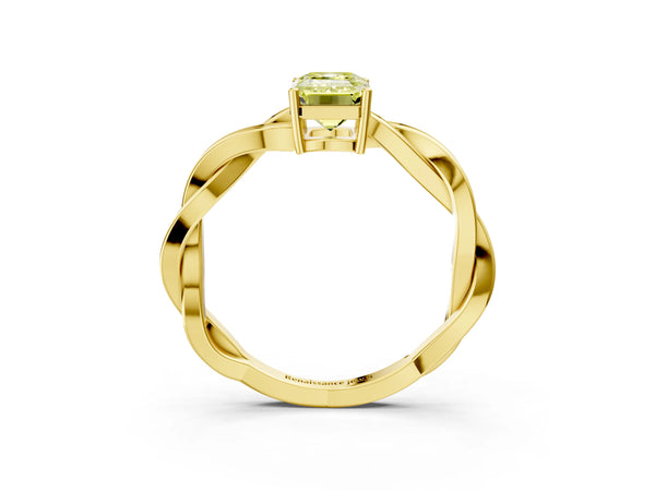 Yellow gold Fancy Yellow Emerald  Solitaire Twisted Pave Diamond Ring with Four-Prong Setting