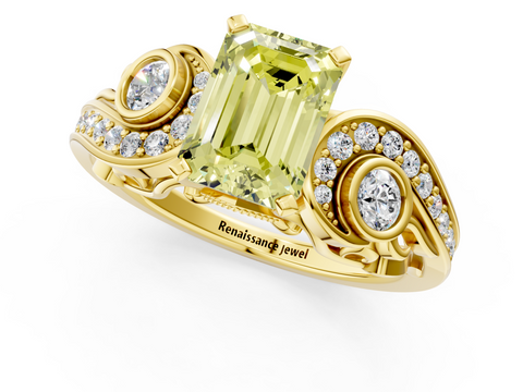 Yellow gold Fancy Yellow Emerald  Solitaire with Milgrain Pave Band and Four-Prong Setting_156