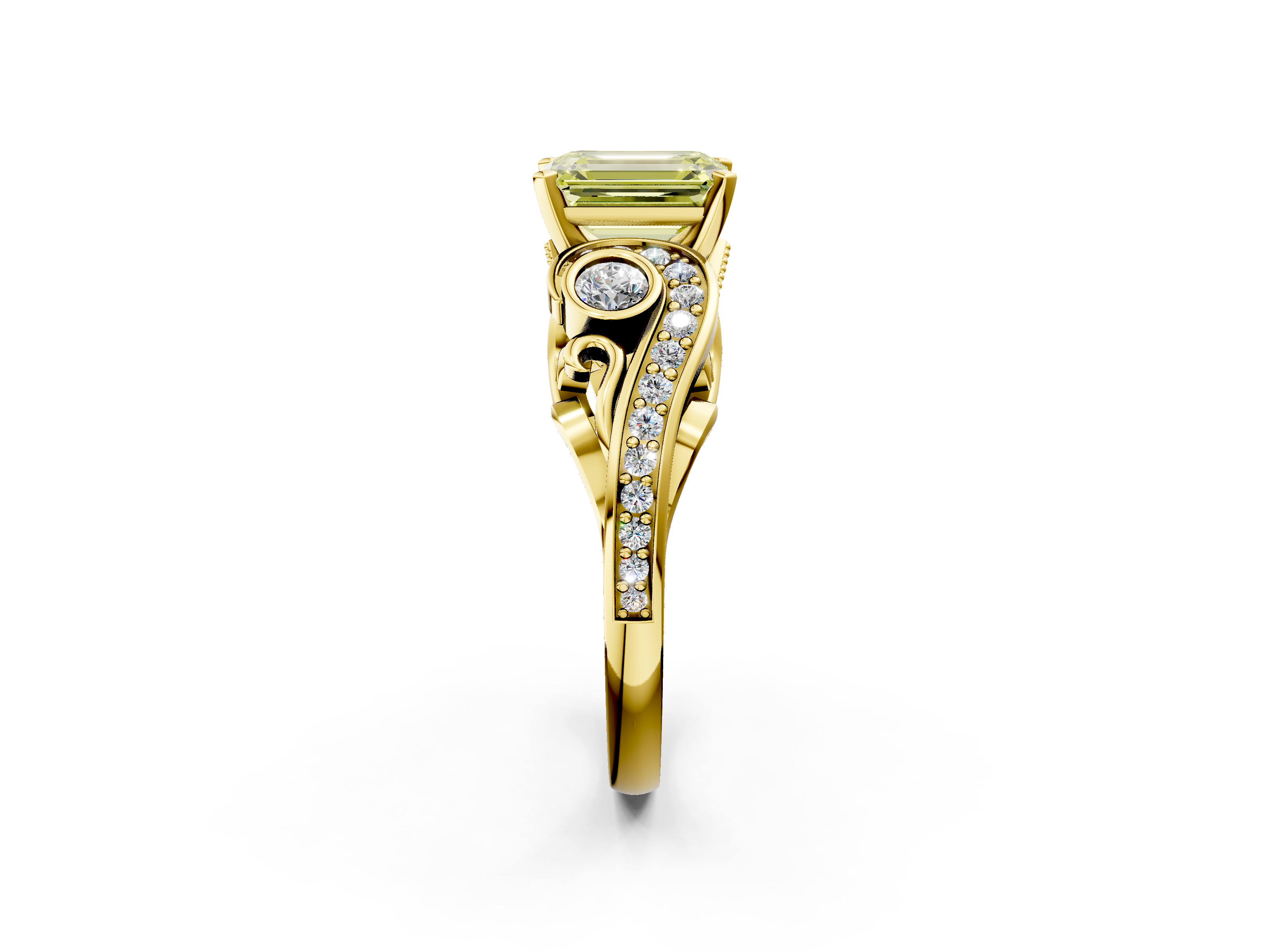 Yellow gold Fancy Yellow Emerald  Solitaire with Milgrain Pave Band and Four-Prong Setting_157