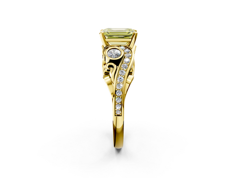 Yellow gold Fancy Yellow Emerald  Solitaire with Milgrain Pave Band and Four-Prong Setting_157