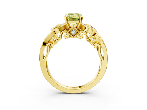 Yellow gold Fancy Yellow Emerald  Solitaire with Milgrain Pave Band and Four-Prong Setting_158