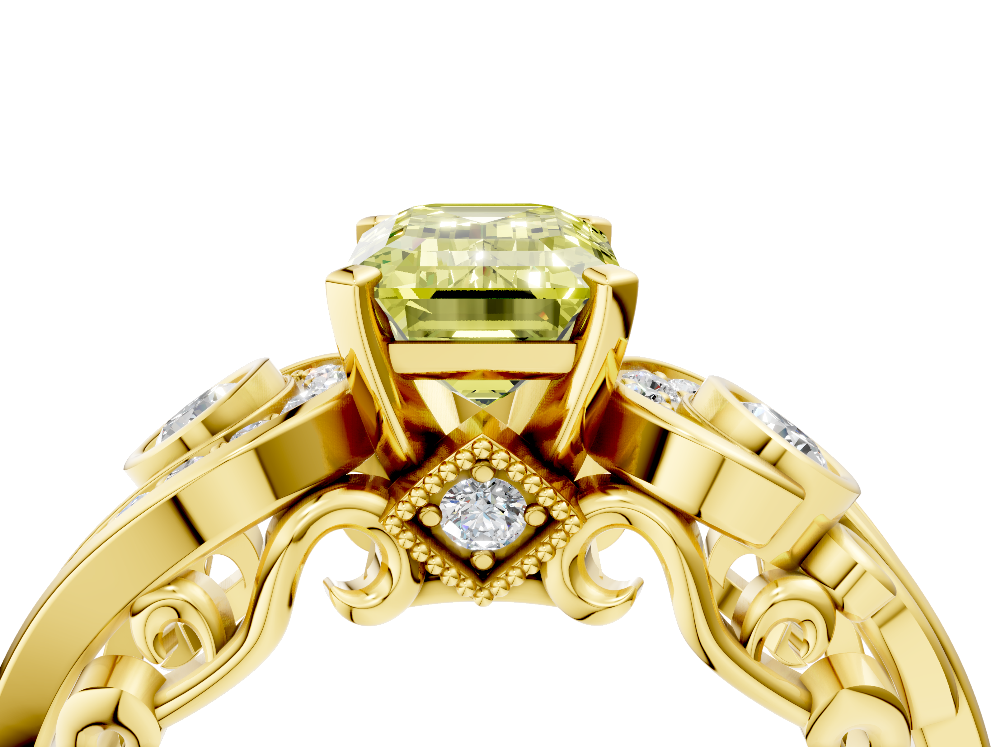 Yellow gold Fancy Yellow Emerald  Solitaire with Milgrain Pave Band and Four-Prong Setting_159