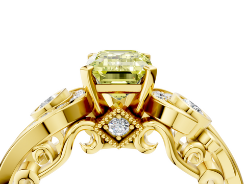 Yellow gold Fancy Yellow Emerald  Solitaire with Milgrain Pave Band and Four-Prong Setting_159