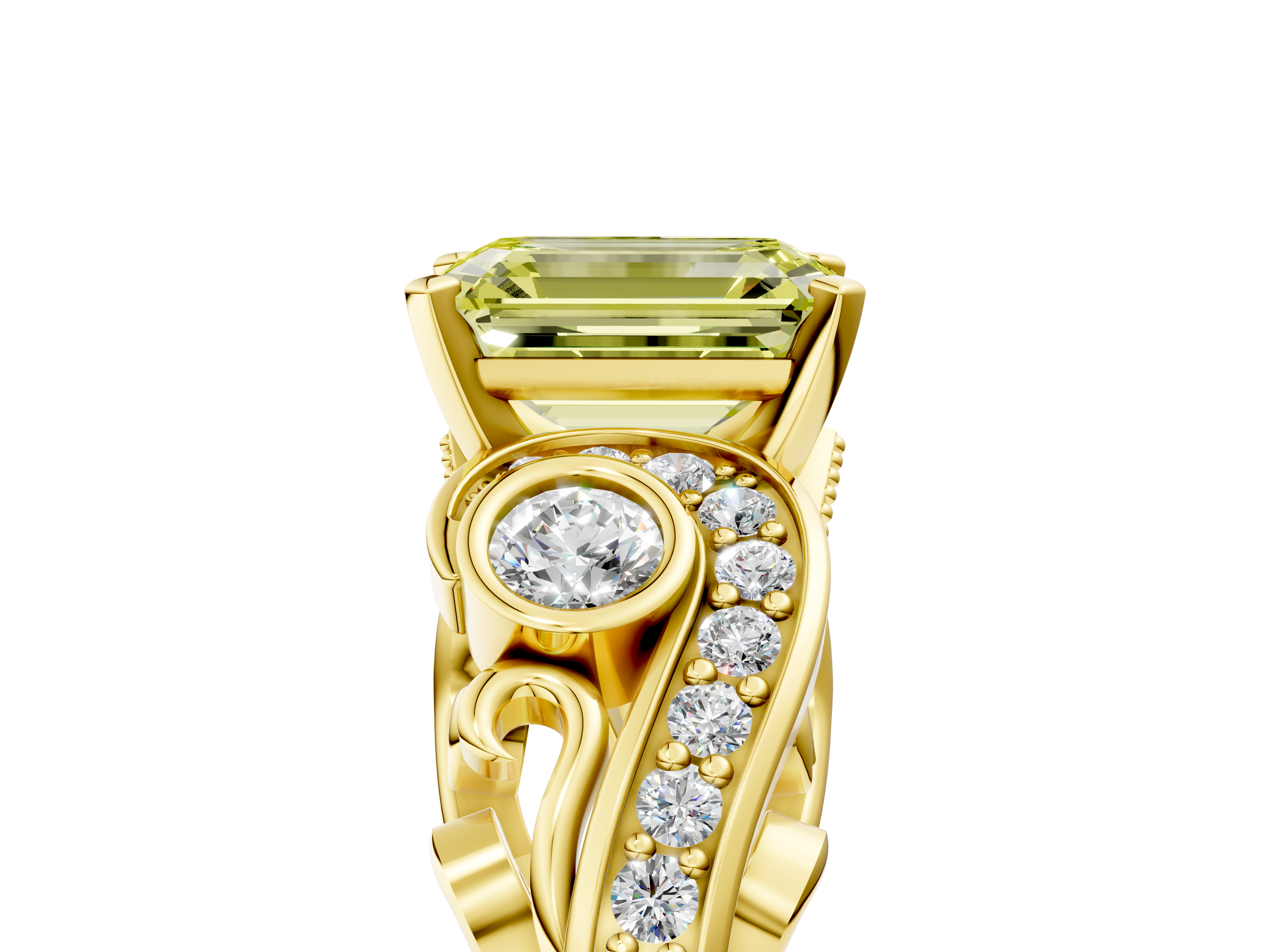 Yellow gold Fancy Yellow Emerald  Solitaire with Milgrain Pave Band and Four-Prong Setting_160
