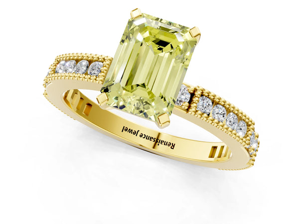 Yellow gold Fancy Yellow Emerald  Solitaire with Pavé Band and Four-Prong Setting
