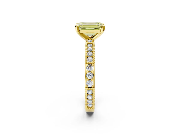 Yellow gold Fancy Yellow Emerald  Solitaire with Pavé Band and Four-Prong Setting