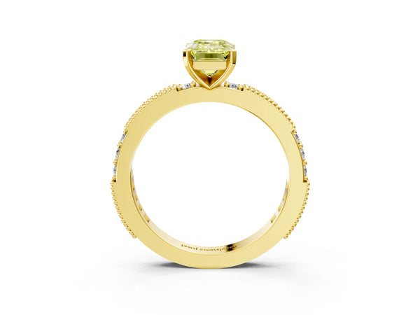 Yellow gold Fancy Yellow Emerald  Solitaire with Pavé Band and Four-Prong Setting