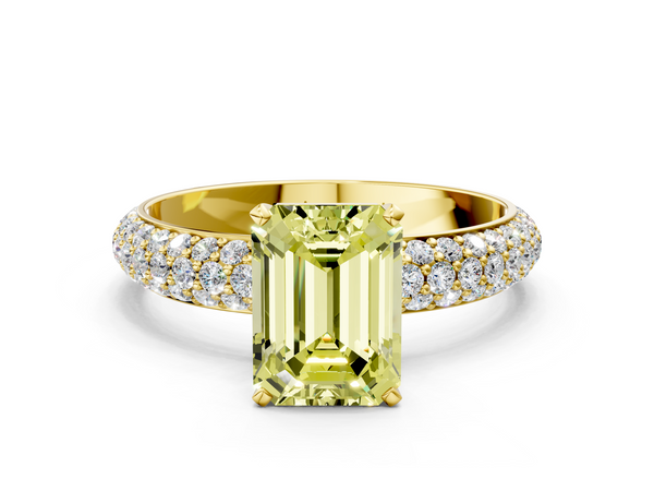 Yellow gold Fancy Yellow Emerald  Diamond Solitaire Ring with Prong Setting and Pavé Band