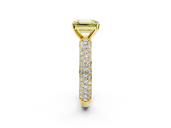Yellow gold Fancy Yellow Emerald  Diamond Solitaire Ring with Prong Setting and Pavé Band