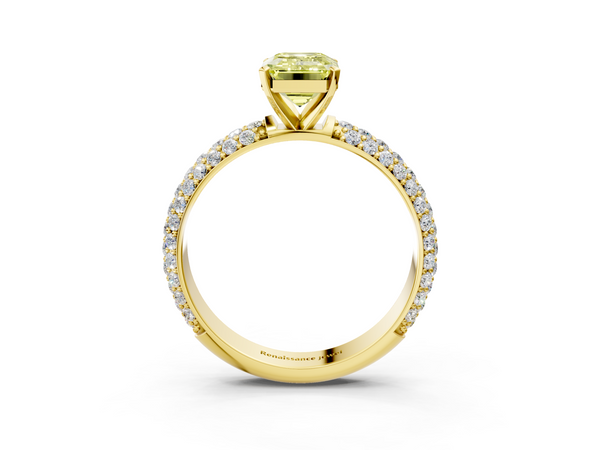 Yellow gold Fancy Yellow Emerald  Diamond Solitaire Ring with Prong Setting and Pavé Band