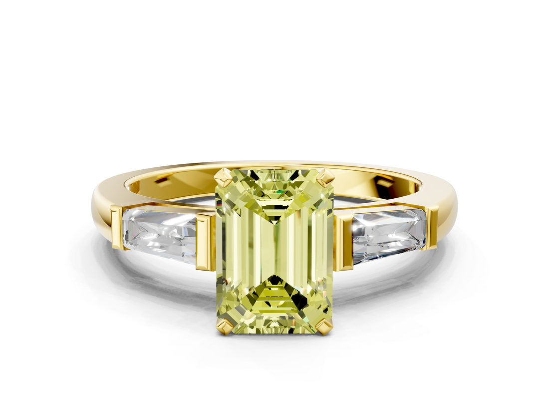 Yellow gold Fancy Yellow Emerald  Solitaire with Tapered Baguette Side Stones on a Classic Band with Four-Prong Setting_78