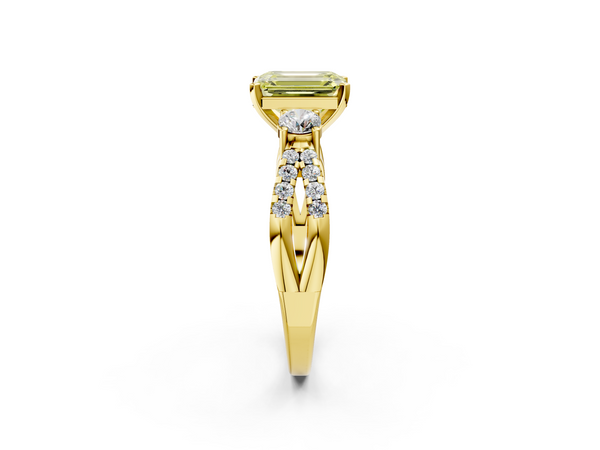 Yellow gold Fancy Yellow Emerald Cut Diamond Three-Stone Ring with Pavé Split Shank and Four-Prong Setting