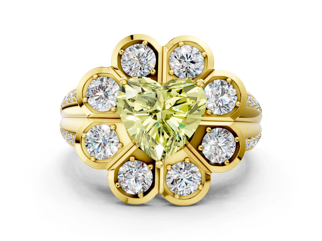 Yellow gold Fancy Yellow Heart  Brilliant Flower Halo Diamond Split Shank Ring_57
