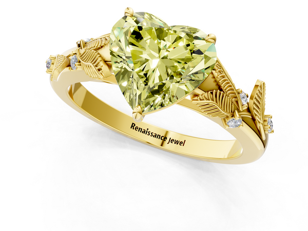 Yellow gold Fancy Yellow Heart Cut Diamond Solitaire Ring with Leaf Motif Band and Four-Prong Setting